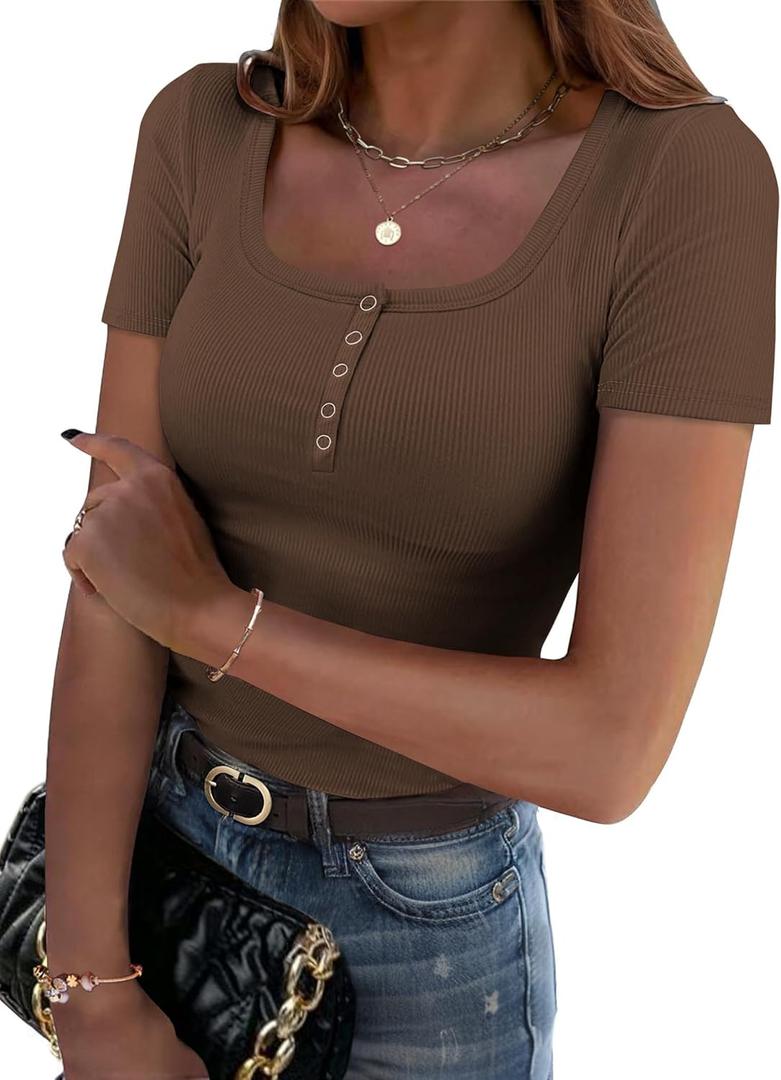 Zeagoo Womens Summer Tops Short Sleeve Shirts Ribbed Knit Square Neck Tshirt Casual Basic Slim Tee (Large, Brown)