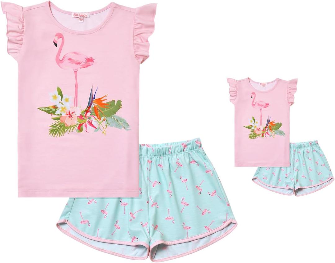 Flamingo Pajama Sets Matching 18-inch Dolls&Girls Pjs Pink Night Shirts Mint Ruffle Sleeves Size 8-9