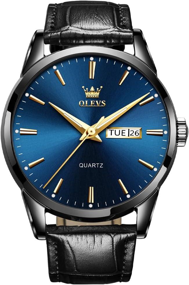 OLEVS Watch for Men Chronograph Brown Leather Analog Quartz Fashion Business Dress Large Face Men Watch Day Date Luminous Waterproof Casual Male Wrist Watch Black/Blue/White Dial