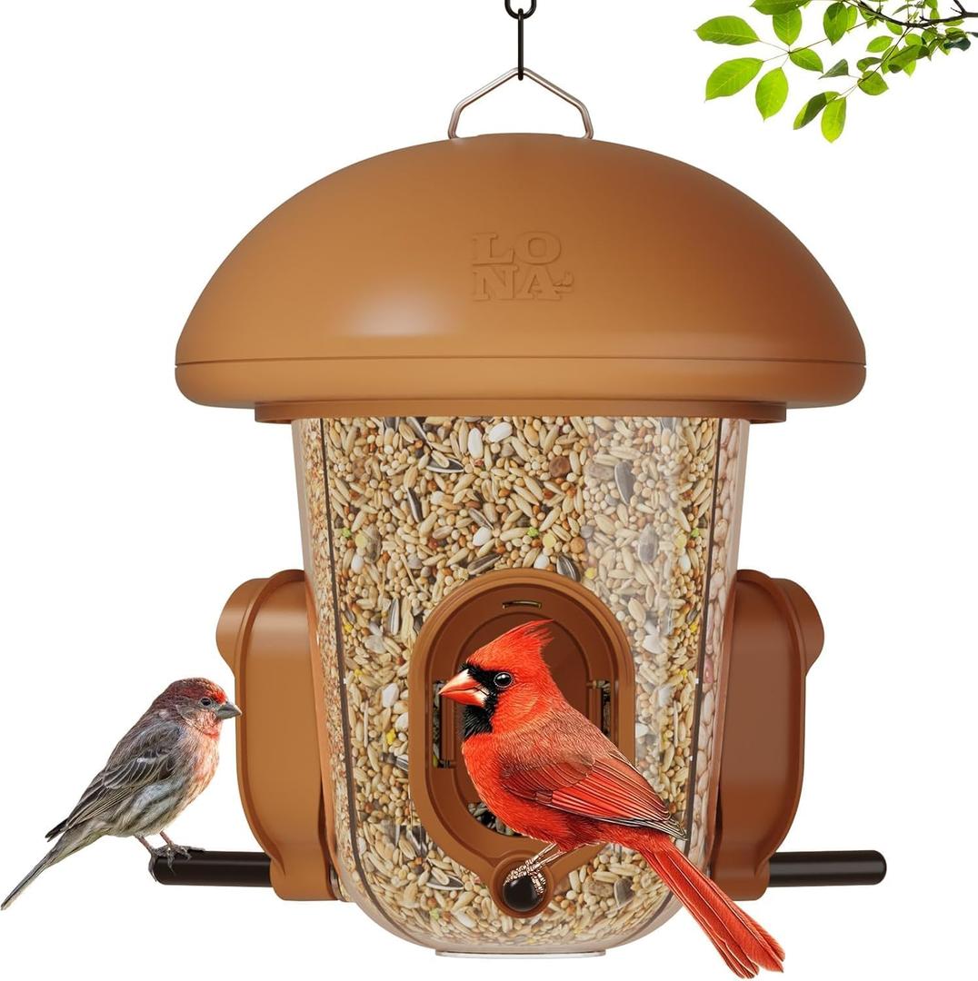 LONA Bird Feeders for Outdoors Hanging  3 Separate Compartments, 3 Feeding Ports, Weatherproof Dome & 3 Ways to Hang, Large Capacity for Cardinals/Finches (Brown (Normal)