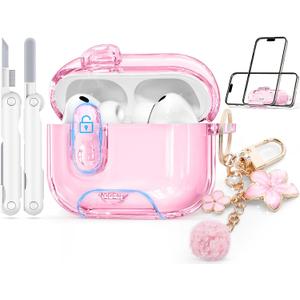 Clear Case for AirPods Pro 3 Case Cover with Safety Lock,Soft TPU Cover with Phone Stand & Cleaning Kit,Cute Bling Keychain for Women Girls-Clear Pink