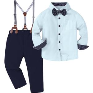 DISAUR Boy Formal Suits Wedding Outfit Long Sleeve Button Down Dress Shirt Bow Tie Suspender Pants Gentleman for 5-9 Years (Blue/Navy Blue)