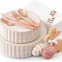 By Madee HEAVYWEIGHT 175Pc Easter Plates and Napkins Set | Fancy Disposable Dinnerware Set Ivory and Scalloped Disposable Plates with Rose God Trim, Cutlery & Linen-Feel Napkins (25 Guests)