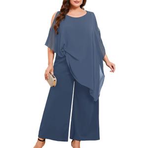 ZOMVA Plus Size Mother of the Bride Pant Suits Dressy 2 Piece Asymmetric Cape Set with Pockets Wedding Guest Outfit 3XL