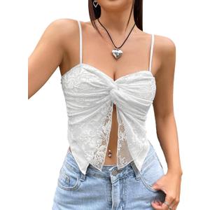Women's Y2K Lace Spaghetti Strap Cami Top Casual Twist Front Sleeveless Slim Fit Crop Top Cropper Camisole Tank Top (White)