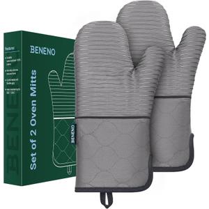 Beneno Non-Slip Silicone Textured Cotton Oven Mitts, Heat Resistant up to 500 F, Flexible Grip with 14.3"x7" Longer Protection, Durable 100% Cotton Oven Mitts for Kitchen & Barbecue, 2-Pack, Gray