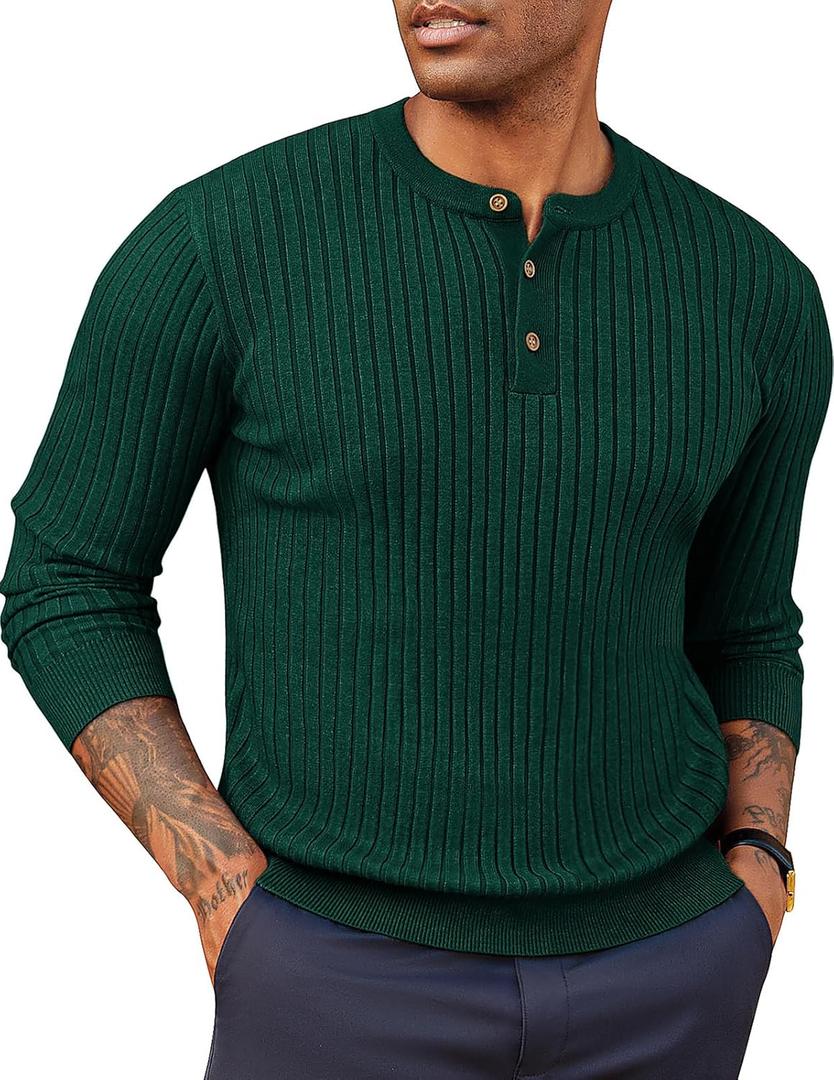 PJ PAUL JONES Mens Sweater Casual Henley Pullover Cable Knitted Sweater (X-Large, Dark Green)