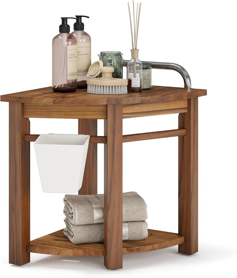 16.5 Teak Shower Bench Seat with Handle, Corner Wooden Spa Bathing Stool with Storage Towel Shelf, Perfect for Inside Shower and Outdoor Use