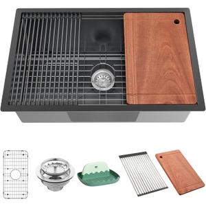 Black Kitchen Sink Workstation, 19x30 Inch Stainless Steel Drop In Single Bowl Nice Modern Kitchen Workstation Sink Combo-SS Grid,Drying Rack,Cutting Board,Utensil Rest And Drain Strainer Set