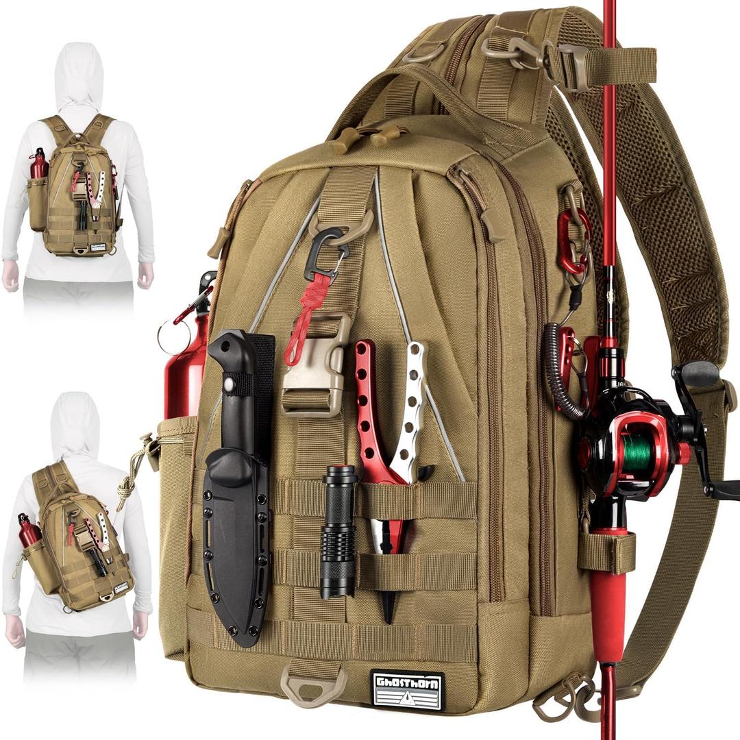 Ghosthorn Fishing Backpack with Rod Holder - Tackle Sling Bag - Fly Fishing Gifts for Men and Women, C.khaki
