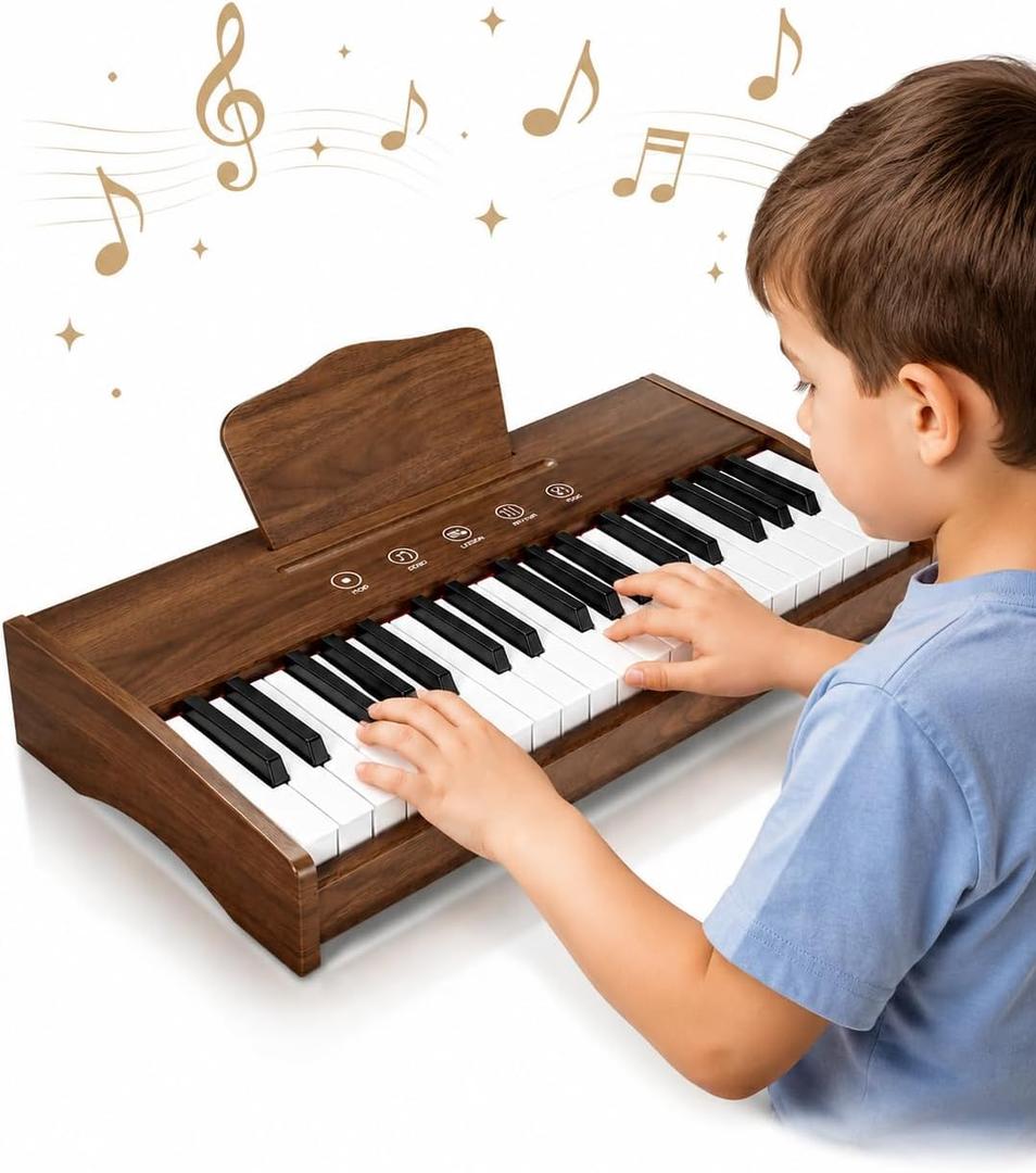 Kids Piano Keyboard, 37 Keys Digital Piano for Kids, Touch Control Buttons, Music Educational Instrument Toy, Built-in Songs & Rhythms, Wood Toy for 3+ Girls and Boys(Dark Brown)