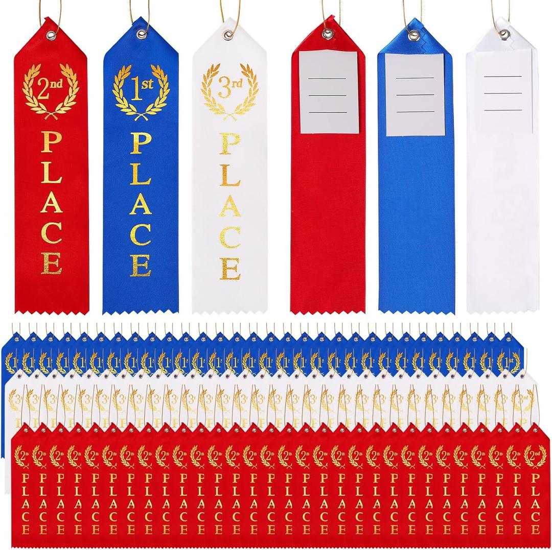 90PCS Award Ribbons, Medal Ribbons for 1st, 2nd, 3rd Place, Event Card & Rope Included, Perfect for Competitions, Sports Events, School Challenges, Vibrant Blue, Red, and White