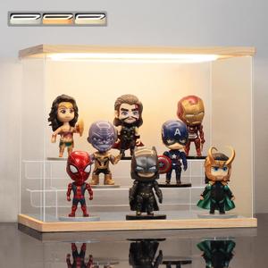 Clear Acrylic Display Case with Light 3 Tier Display Storage Box Assembly Dustproof Showcase for Collectibles Action Figures(Wood, 12.0*6.9*9.4inch)