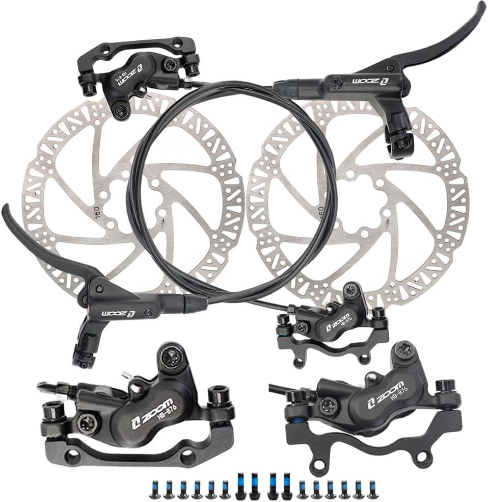 JFOYH zoom HB876 4-Piston Pre-Bled Hydraulic Disc Brake Set for Mountain Bike, Bike Disc Brake Kit with 160mm Rotors, Front and Rear Levers(PM Adapter Included) - Left-Front&Right-Rear (ZM3000 Black)