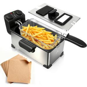 CATTLEMAN Immersion Deep Fryer with Basket, 1600W, 3L Small Deep Fryer with Timer Control, Fryer Pot for Home Use, Temperature Control, Lid with Viewing Window, Stainless Steel Electric Fryer