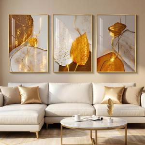 Framed Modern Luxury Wall Art for Living Room, Large White and Gold Leaf Artwork for Bedroom Walls, 3 Piece Contemporary Bright Style Abstract Prints for Office Hallway Hallway Wall Decor, 24x36 Inch, 24" W X 36" H X 3pcs
