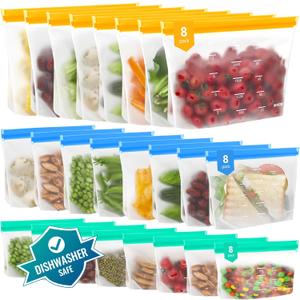 IDEATECH 24Pack Reusable Food Storage Bags Dishwasher Safe, Leakproof Reusable Freezer Bags Stand Up, BPA Free Food Gallon Sandwich Snack Baggies for Meals, Lunch,Home & Travel Organization (24Pack)