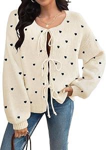 kipfall Womens Bow Tie Front Cardigan Sweaters Long Puff Sleeve Cute Print Jacket Coats 2025 Trendy Fall Winter Outfits, Large