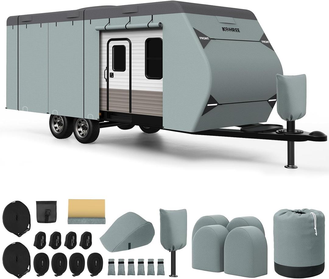 Kohree Travel Trailer Cover 20-22 ft with 8 Enlarged Vents, Sturdy & Waterproof & Anti-UV RV Camper Cover Kit with Front & Back Sign for All Weather Protection