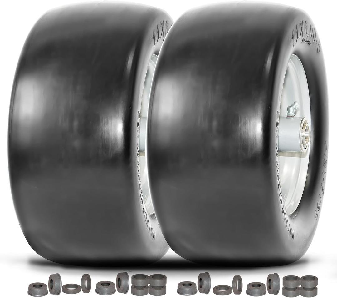 11x6.00-5 Lawn Mower Tires Flat Free, Zero Turn Mower Front Tires, 11x6-5 Solid Smooth Tires and Wheel with 3/4"or 5/8"& 1/2" Precision Bushings, 3.4"-5.6" Centered Hub (2 Pack) (11x6.00-5-2pack)