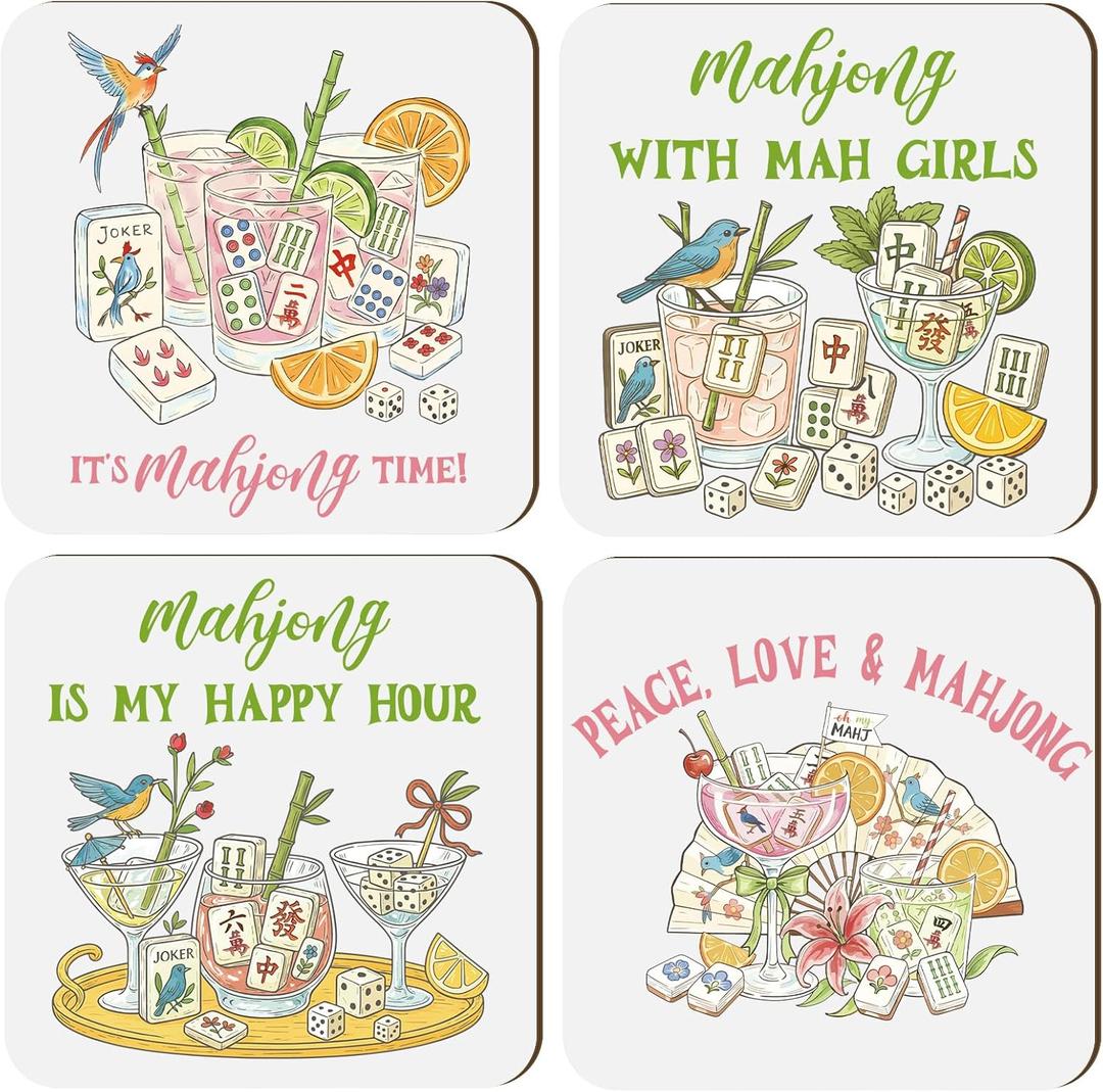 4 Pcs Mahjong Coasters 3.94 x 3.94 Inch Drink Coasters Colorful Mahjong Gifts and Accessories for Mahj Cocktail Cup Drink Table Game or Game Night Party Supplies Decoration