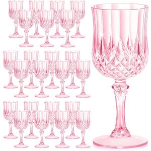 7OZ Plastic Wine Glasses, Reusable Vintage Goblets Unbreakable Drinking Glasses Crystal Water Cups Champagne for Wedding, Parties Mother's Day (24, Pink)