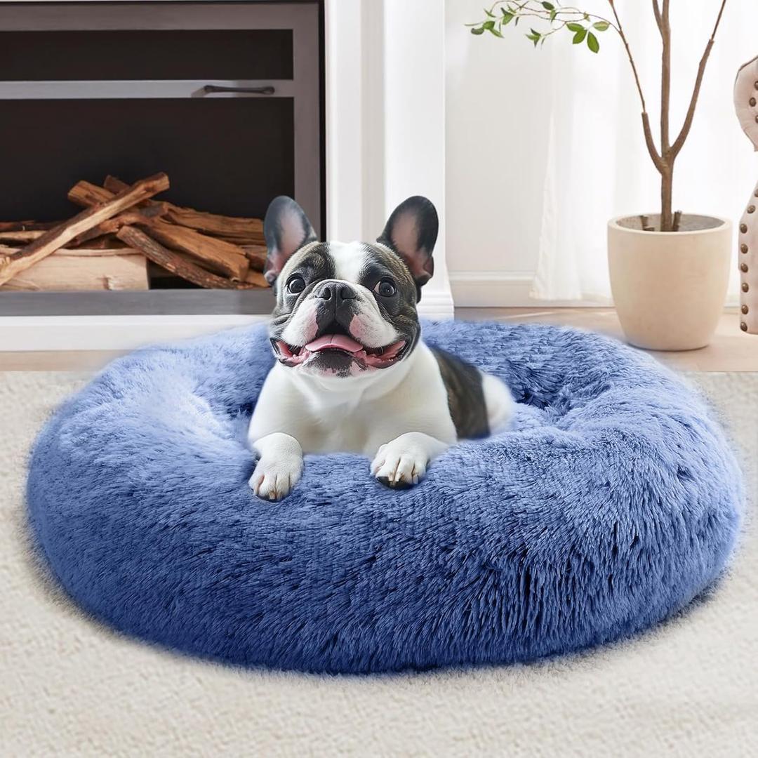 JOLLYVOGUE Calming Dog Bed for Small Dogs - 23 inches Donut Washable Small Dog Bed for Kittens & Puppies, Anti-Slip Round Fluffy Plush Faux Fur Cat Beds (Fits up to 25 lbs Pets, Navy Blue)