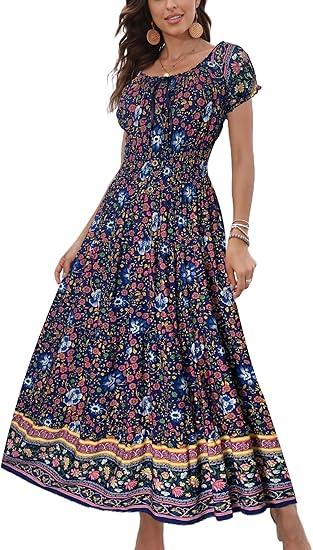 Women's 2025 Summer Short Sleeves Boho Floral Print Tiered Casual Flowy Long Maxi Dress Small, Dark Bue 