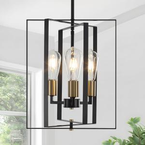 Black Gold Modern Chandeliers for Dining Room, Farmhouse 3 Light Entryway Pendant Light Adjustable Geometric Industrial Rustic Foyer Hanging Chandelier for Kitchen Island Living Room Hallway