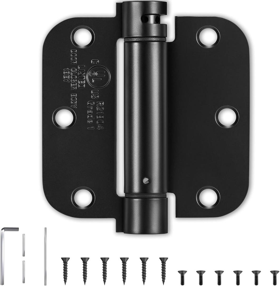 PTSOC Self-Closing Door Hinge, 3.5 Inch x 3.5 Inch, 1 Pack, Rounded 5/ 8 Radius Corners, Spring Loaded Hinge Adjustable Tension for Residential/ Commercial Standard Interior Doors, Matte Black