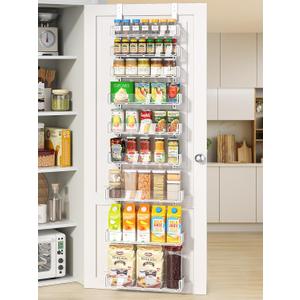 Delamu 9-Tier Over the Door Pantry Organizer with Acrylic Panel, Pantry Organization and Storage, White Hanging Basket Wall Spice Rack Seasoning Shelves, Home Kitchen Bedroom Bathroom House Essentials