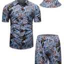 fohemr Mens Luxury Outfit Set Black Gold Shirts And Shorts 2 Piece Tracksuit Set Baroque Button Down Chain Print Suit with Bucket Hats Blue XX-Large (XXL)
