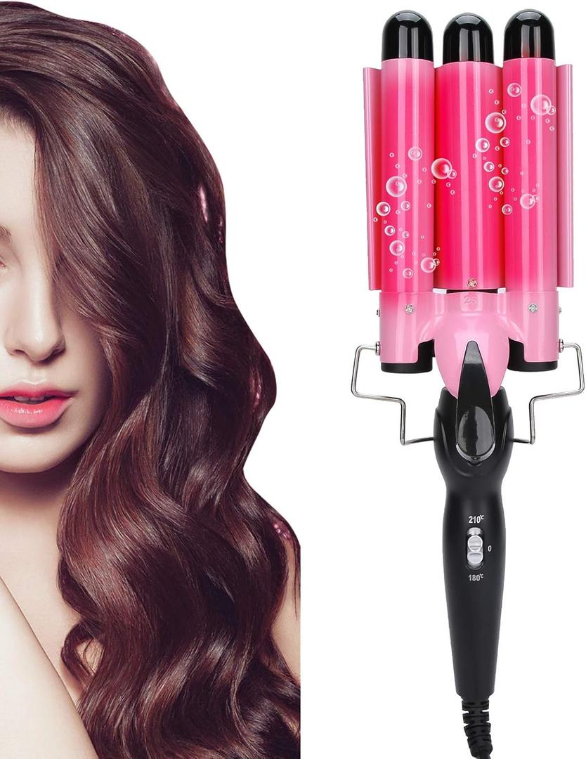 Hair Curling Iron Wand, Hair Waver Hair Curler Triple Pipe Hair Curling Iron Wand 2 Temperature Tourmaline Electric Hair Styling Tool for Long or Short (USpink)