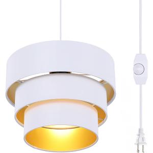 Plug in Pendant Light, Hanging Lamp with Dimmable Switch, Pendant Light Fixtures with 15 Ft Cord, Swag Light with White Fabric Shade for Bedroom, Kitchen, Living Room, Dining Table