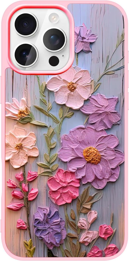 Case for iPhone 16 Pro, Cluster Floral Real Flowers Phone Case for Women, Slim Durable Protective Cover with Oil-Painting Art Design, Military-Grade Drop Protection, Pink 6.3"