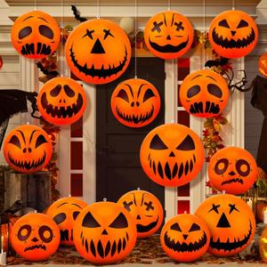 16 Pcs 24'' Halloween Inflatable Pumpkin Ball Ornaments 16'' Large Halloween Hanging Inflatable Pumpkin Decoration Blow up Halloween Balls Jack O Lantern Decor for Holiday Indoor Outdoor Garden Yard