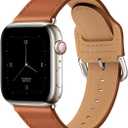 POWER PRIMACY Leather Bands Compatible with Apple Watch Band 38mm 40mm 41mm 42mm-Series 11/10,Genuine Leather Strap Compatible for Women Men iWatch SE Series 11 10 9 8 7 6 5 4 3 2 1(Brown/Starlight Silver)