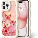 Compatible with iPhone 15 Pro Case for Women Girls, Curly Wavy Frame with Cute Pattern, Aesthetic Slim Soft Silicone TPU Bumper Shockproof Phone Case for iPhone 15 Pro - Cherry Butterfly