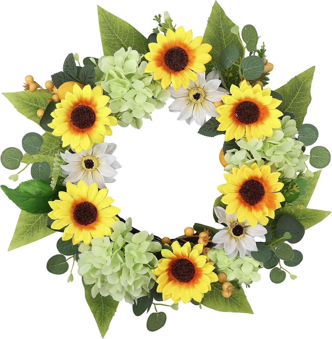 20 Inch Artificial Sunflower Wreath | Faux Sunflower Hydrangea Wreath with Lemons for Front Door, Summer Farmhouse Wall Home Decor