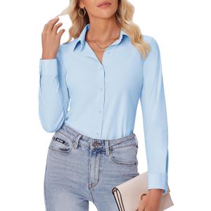 siliteelon Button Down Shirts for Women Slim fit Long Sleeve Stretch Dress Shirts Work Shirt Wrinkle Free Office Blouses Light Blue Small