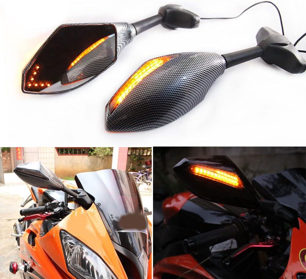 Motorcycle Carbon Rearview Mirrors With LED Turn Signal Compatible with Honda Kawasaki Suzuki (Carbon+Smoke Len)