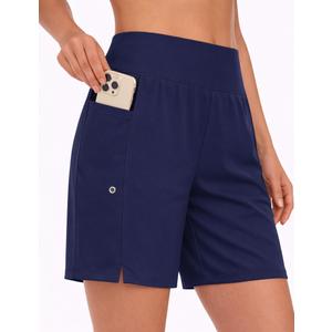 DIBAOLONG Women's Swim Shorts 7" High Waisted Quick Dry UPF 50+ Beach Board Shorts for Women with Liner & Pockets Dark Blue 2XL