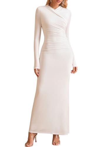 KUTUMAI Long Sleeve Formal Wedding Guest Dresses for Women Fall Modest V Neck Bodycon Maxi Cocktail Party Dress White S