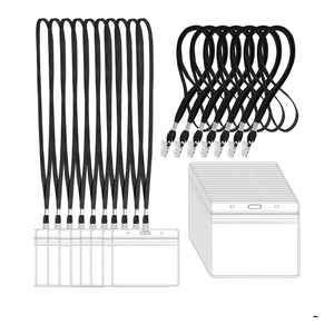 100Pcs Clear Plastic Horizontal Name Tags Badge ID Card Holders and 100Pcs Black Lanyards with Clip lanyards for id Badges (Black