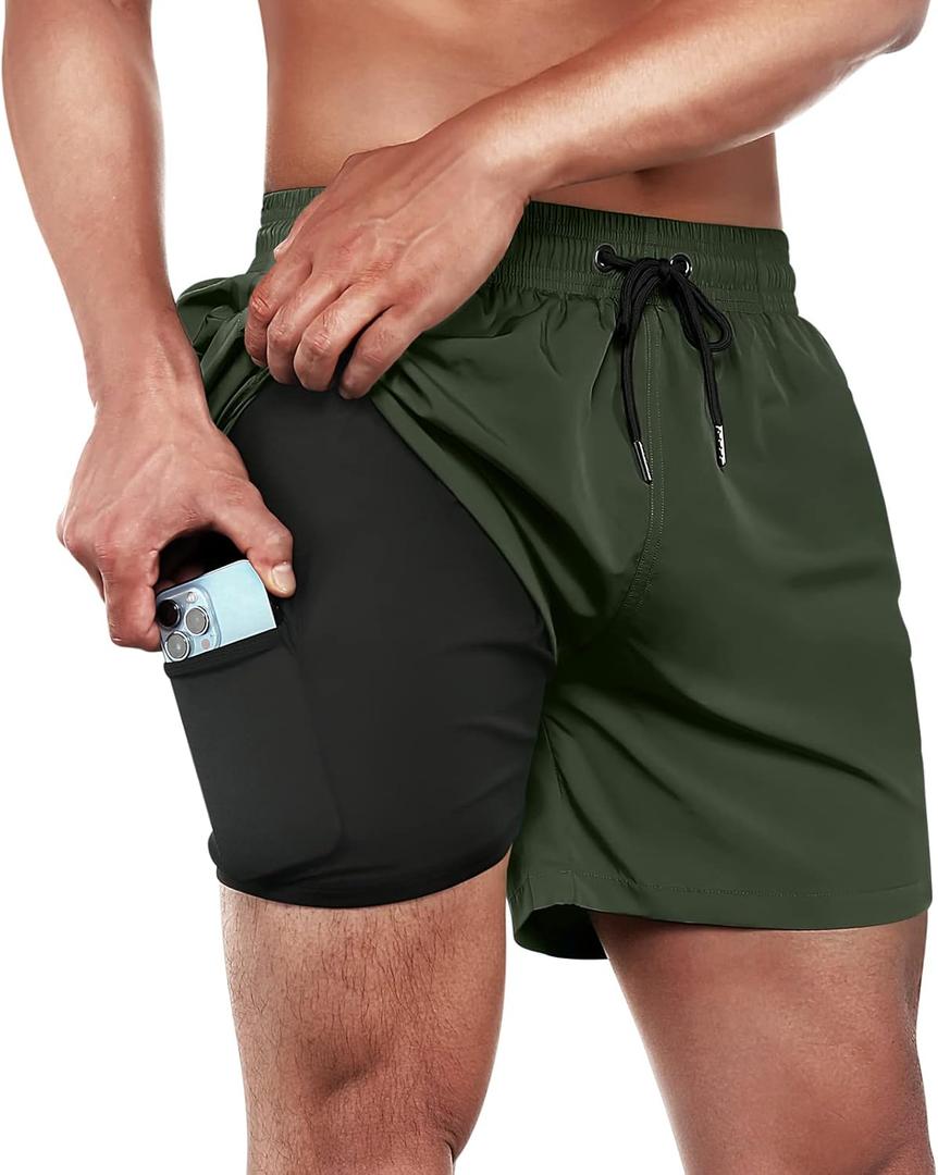 BRISIRA Mens Swim Trunks Swim Shorts Quick Dry 5 inch Inseam Beach Shorts with Compression Liner and Zipper Pocket (34, Armygreen)