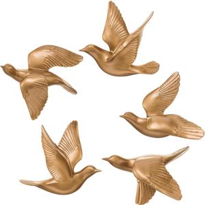 Kathfly 5 Pcs Bird Wall Decor, Resin Gold Bird 3D Wall Art, Flying Swallow Designs with Antique Patina Metal Look Resin Sculpture, Includes Mounting Hardware for Living Room & Bedroom