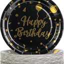 4 x 50Pcs Happy Birthday Black and Gold Paper Plates,7inch Disposable Metallic Foil Polka Dots Disposable Dessert Party Supplies Plates for Graduation Birthday Decorations Party