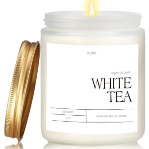Putart White Tea Candles for Home Scented, Natural Soy Wax Aromatherapy Non Toxic Scented Candle, Handmade Highly Scented & Long Lasting Jar Candle for Stress Relief, Relaxation, Holiday Gifts (9oz)
