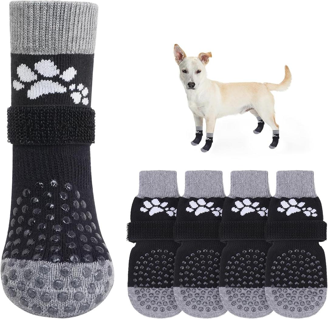 SCENEREAL Anti Slip Dog Sock to Prevent Licking Paws for Hardwood Floors, Boots & Paw Protector Shoes for Hot/Cold Pavement with Grippers, Double Sides Grips for Small Medium Large Senior Dogs, XS, Black