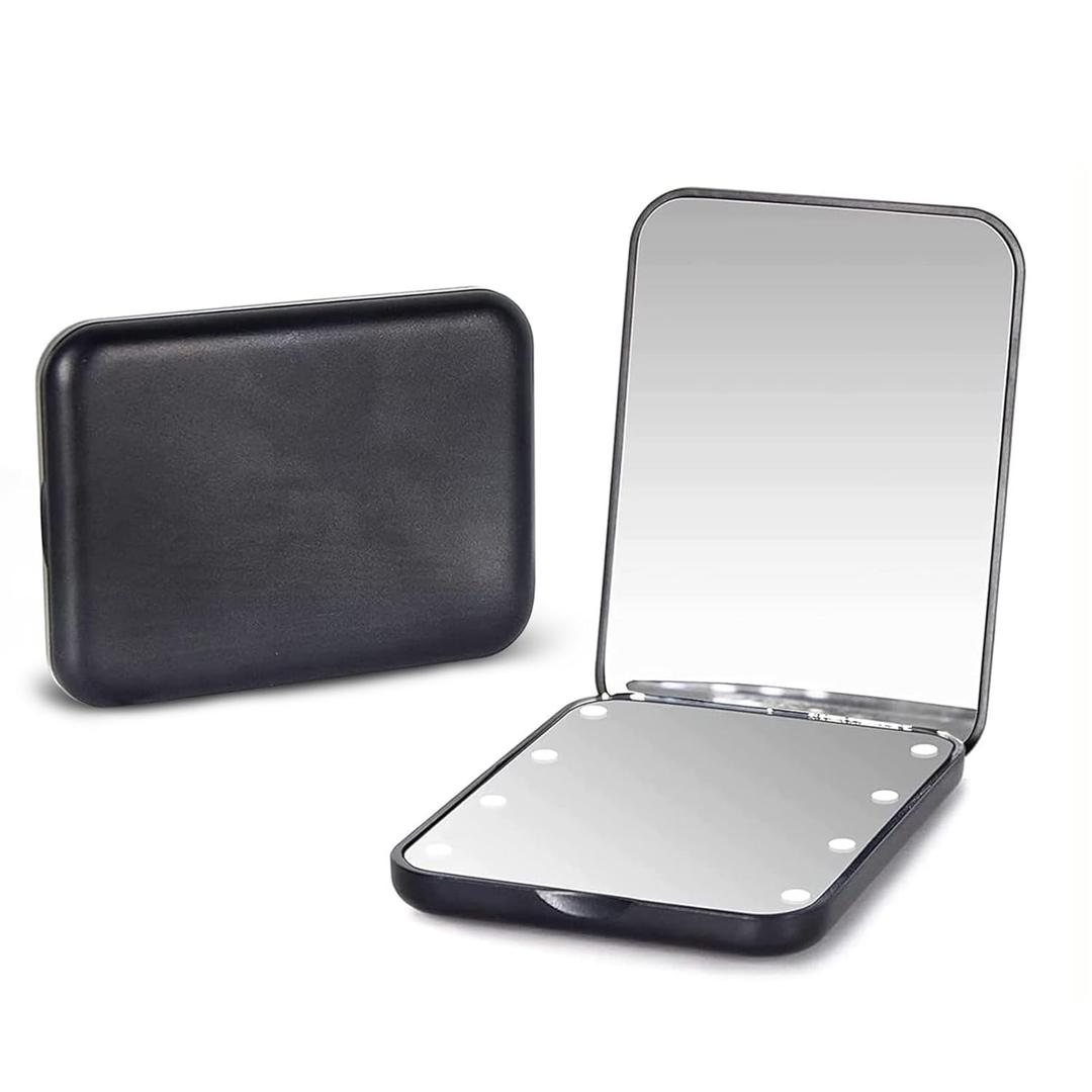 Kintion Pocket Mirror, 1X/3X Magnification LED Compact Travel Makeup Mirror with Light for Purse, 2-Sided, Portable, Folding, Handheld, Small Lighted Mirror for Gift, Black (Black)